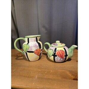 SAP Trading Inc Ca Teapot & Creamer Set Colorful Leaves & Patterns, Vtg?